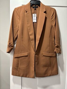 INC International Concepts Tan Long Blazer with Ruched Sleeves- S